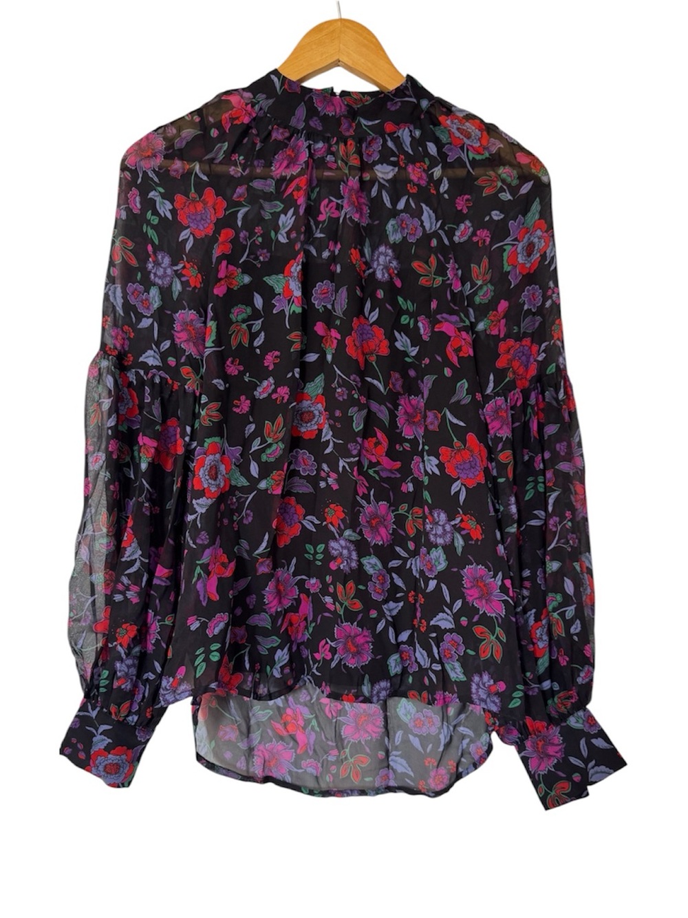Veronica Beard Black Sheer Blouse with Red & Purple Floral Print